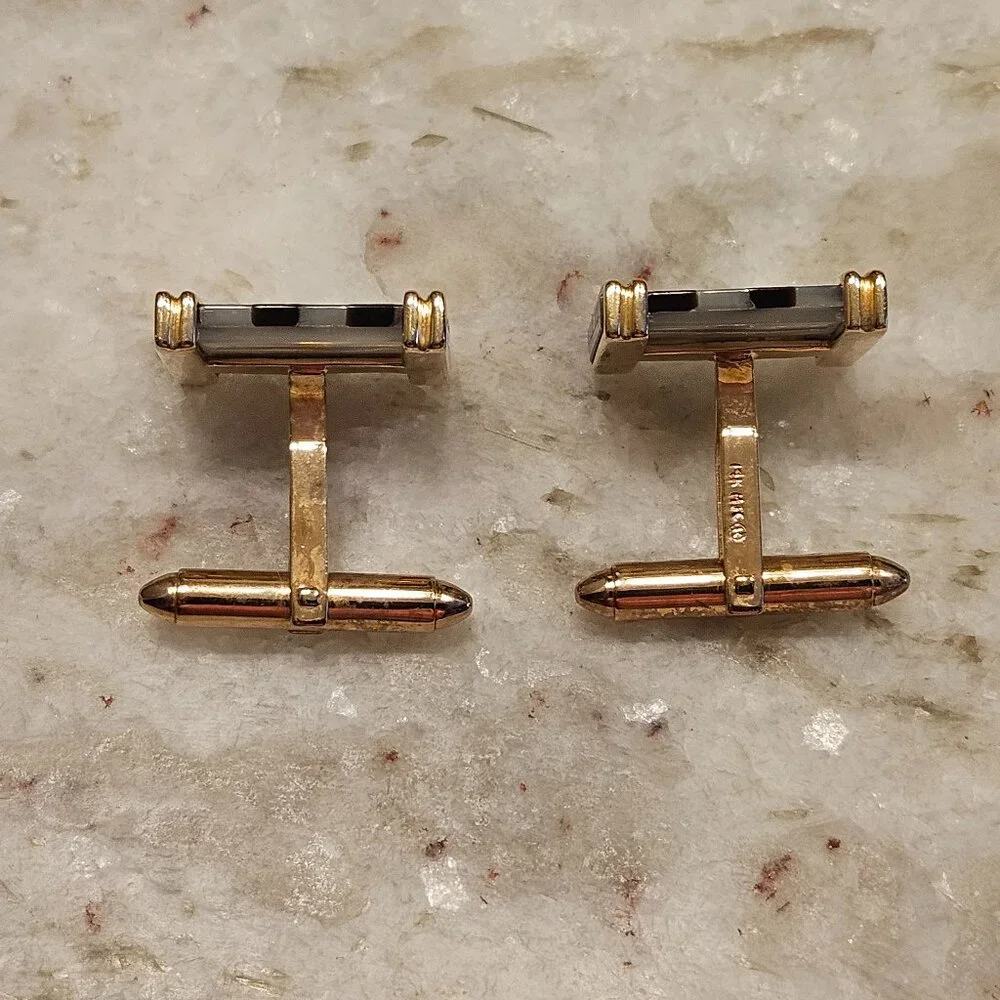 HEAVY RARE VINTAGE ESTATE MAYORS BIRKS 18K ITALY GOLD MOP ONYX STRIPED CUFFLINKS